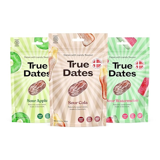 Candy Dates, Sour Flavor Variety, 3-3.5 Ounce Bags (Sour Apple, Sour Cola, Sour Watermelon) - Dates With Candy Flavor, Vegan, No Added Sugar, Gluten Free