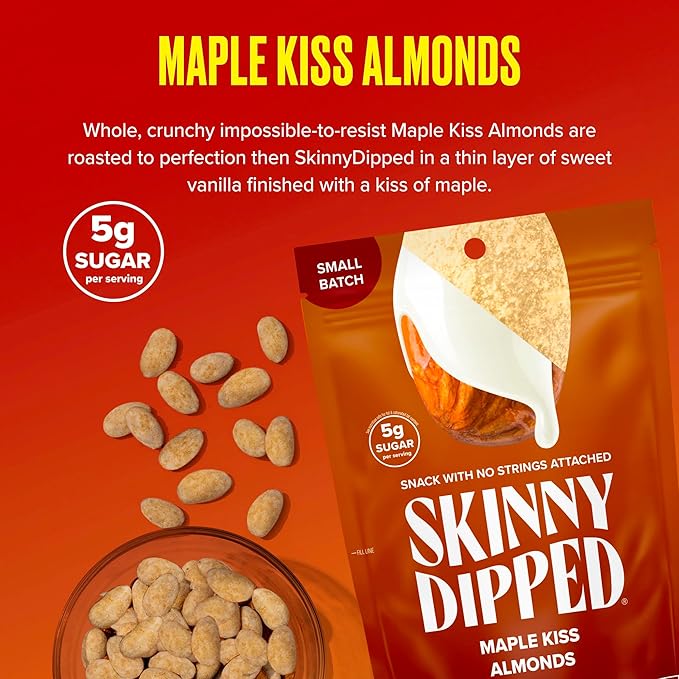 SkinnyDipped Maple Kiss Almonds, Healthy Snack, Plant Protein, Gluten Free, 3.5 oz Resealable Bags, Pack of 5, Seasonal Flavor