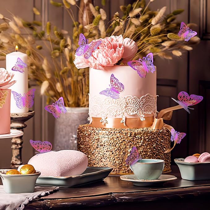72 Pcs Butterfly Decorations, 3 Sizes 3 Styles Wall Decor, Party and Birthday Decorations, Laser Purple