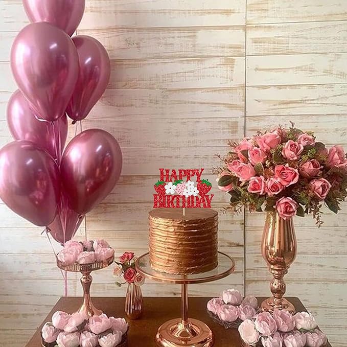 1 Pack Strawberry Happy Birthday Cake Topper Red Glitter Flower Strawberry Cake Pick for Fruit Theme Baby Shower Kids Birthday Party Strawberry Party Cake Decorations Supplies