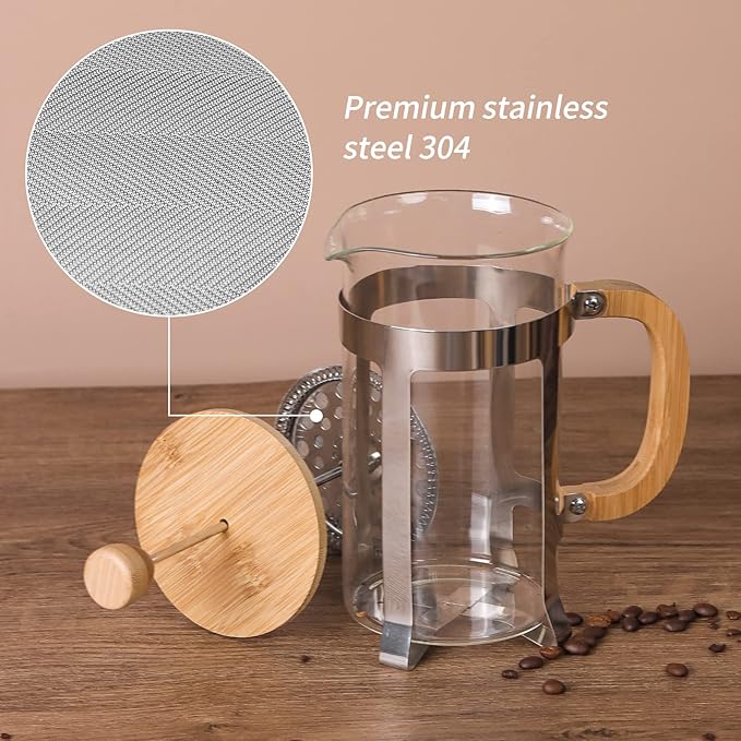Sivaphe 34 oz French Press Coffee/Tea Maker with Bamboo Lid and Hand Stainless Steel High Borosilicate Glass 1000ml Coffee Brewer Set
