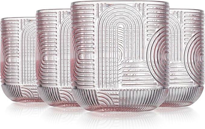 Glaver's Whiskey Glasses Set of 4 Double Old Fashioned 13 oz. Rock Glases, Pink Embossed Art Deco New Designed, Modern Vintage Drinking Glassware For Home Bar Whisky Bourbon Scotch