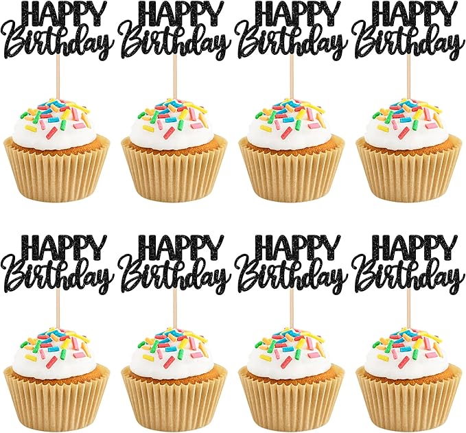 30 PCS Happy Birthday Cupcake Toppers Glitter Happy Birthday Cupcake Picks for Celebrating Birthday Anniversary Theme Party Cake Decorations Supplies Black