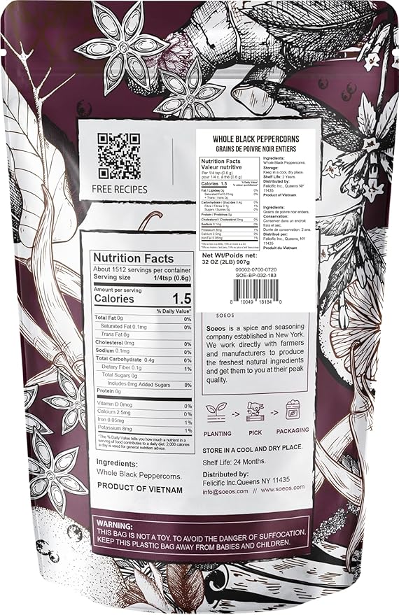 Soeos Black Peppercorns, 32oz (Pack of 1), Non-GMO, Kosher, Packed to Keep Peppers Fresh, Peppercorn for Grinder Refill, Whole Peppercorns