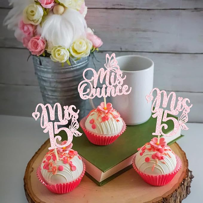 Gyufise 24Pcs Mis Quince 15 Cupcake Toppers Glitter 15th Birthday Cake Toppers Fifteen Dessert Decor Cheers to 15 Years Party Decorations Light Pink
