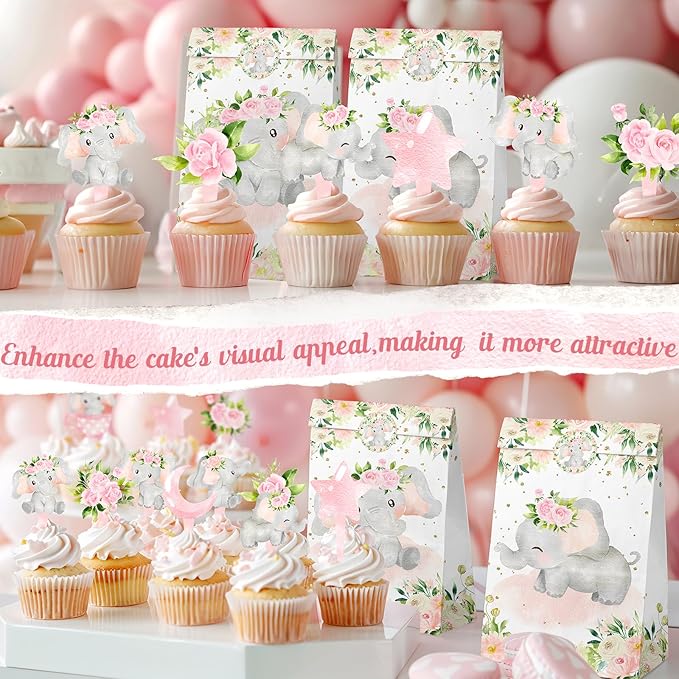 40 Pcs Girl Elephant Cupcake Toppers - Adorable Elephant Party Decorations and Baby Shower Cake Decor - Perfect for Girl Elephant Birthday Cupcake Toppers, Baby Shower, and Pink Elephant Party