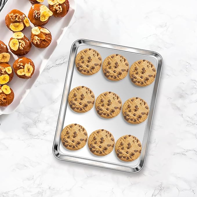Homikit 2 Pack Baking Sheet, 10 x 8 Inch Stainless Steel Cookie Tray Set for Cooking Toasting, Small Metal Toaster Oven Baking Pan Non Stick, Rustproof & Mirror Finish, Dishwasher Safe