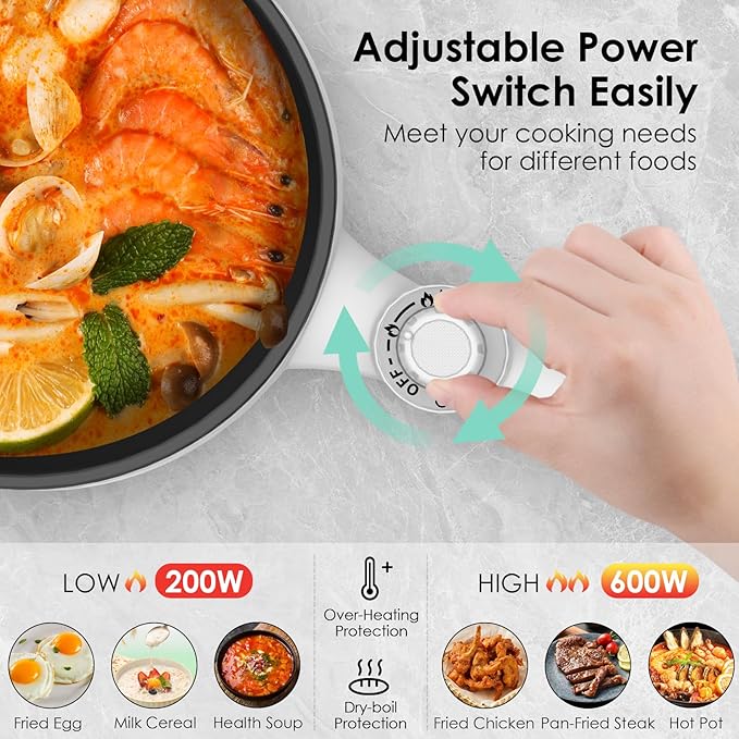 Audecook Hot Pot Electric, 1.7L Mini Electric Skillet Portable Nonstick Saut챕 Pan with Power Adjustment, Rapid Noodles Cooker Travel Multicooker for Steak/Soup/Egg/Oatmeal/Noodles