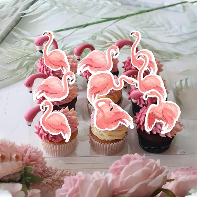 Rsstarxi 60 Pack Edible Flamingo Cupcake Toppers Rice Paper Tropical Aloha Luau Cupcake Picks for Summer Hawaiian Theme Birthday Wedding Party Cake Decorations Supplies