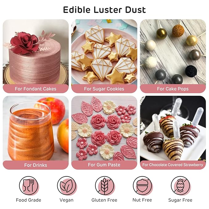 Nomeca Edible Luster Dust, 8 Grams Food Grade Shimmer Gold Cake Dust Metallic Food Coloring Powder for Cake Decorating, Baking, Fondant, Gumpaste, Chocolate, Candy, Drinks, Cookies - Rose Gold