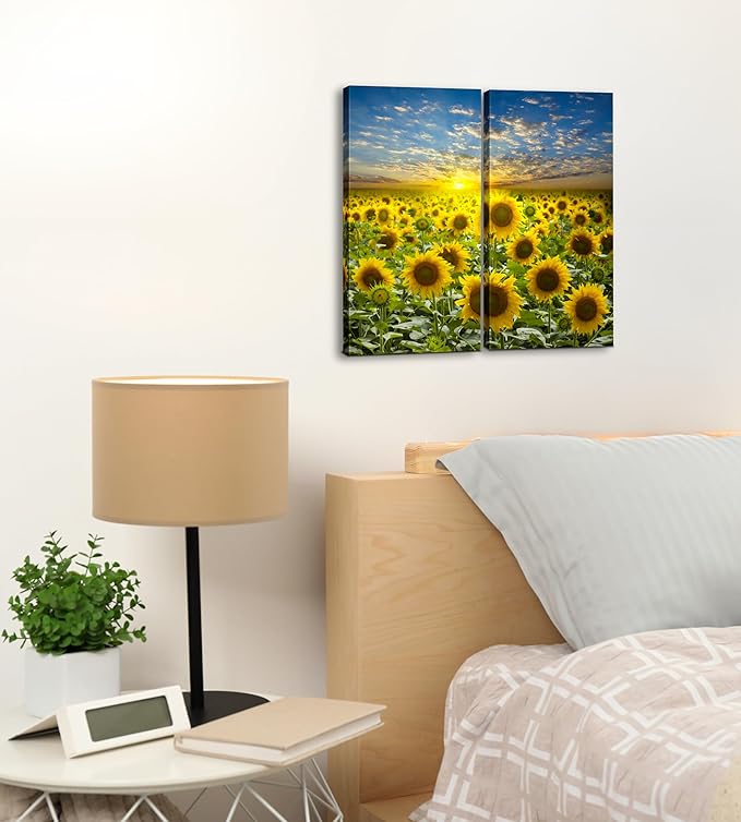 Sunflower Canvas Wall Art Decor - 2 Piece Set, Decorative Multi Panel Split Prints - Flower Field Landscape Picture for Living Room, Kitchen, Bedroom, Office & Home Decor Gift