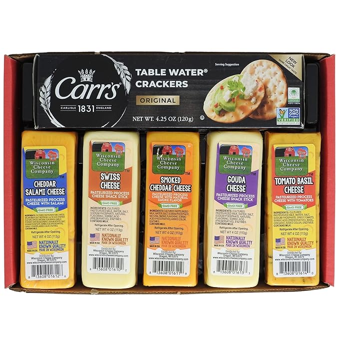 Wisconsin Cheese Company - Specialty Wisconsin Cheese & Cracker Gift Box - 100% Wisconsin Gouda, Smoked Cheddar, Salami, Tomato Basil Cheddar, Swiss (Pack of 5 Blocks) | Perfect for Parties, Charcuterie Boards and Birthdays