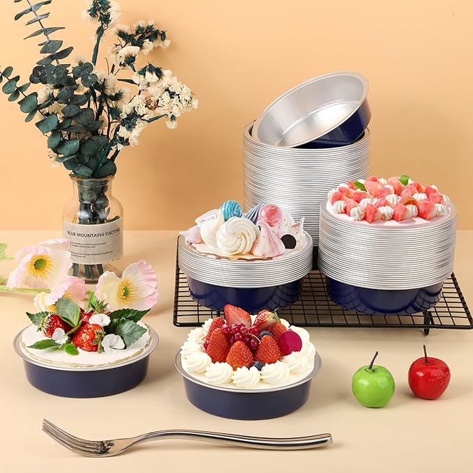 Beasea Aluminum Baking Cups, 7.3oz 200 Pack 4??215ml No Lids Disposable Ramekins Foil Cups Baking Ramekin Cup Cupcake Aluminum Mini Baking Cups for Party - Dark Blue