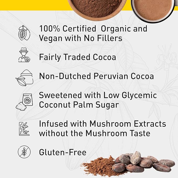 Enerhealth Botanicals Cocoa Mojo ??Certified Organic Hot Chocolate Peruvian Cocoa Mix, Sweetened with Low Glycemic Coconut Palm Sugar and Infused with 6 Mushroom Extracts to Boost Immunity ??16 oz