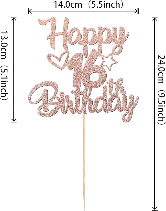 1 Pack Happy 16th Birthday Cake Topper Glitter Heart Star 16 Fabulous Cake Pick Birthday Sign Cake Decorations for Children 16th Birthday Theme Party Supplies Rose Gold