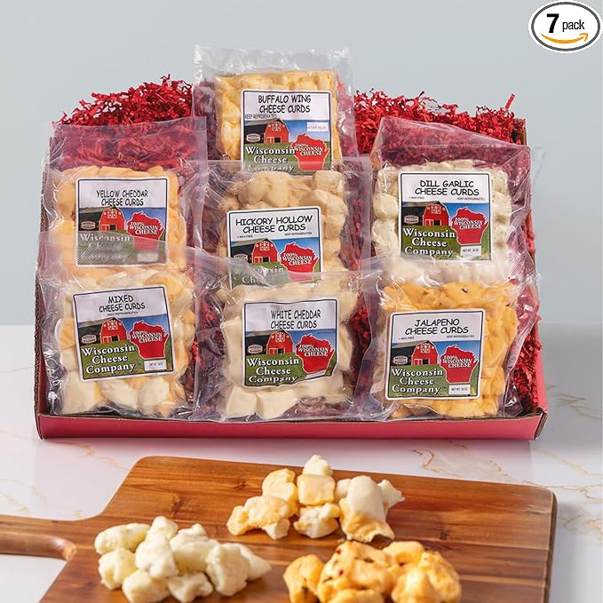Wisconsin Cheese Company - 100% Wisconsin Cheese Curd Variety Sampler Gift Box - (Pack of 7) | Huge Gift Box | Perfect for Parties, Charcuterie Boards and Birthdays | Cheese Curds