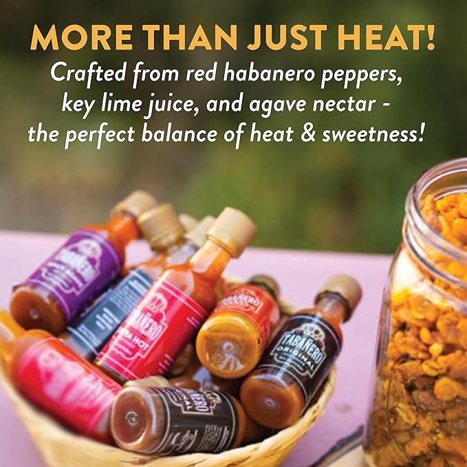 Taba챰ero Variety Hot Sauce Gift Set, 4 Pack, Kit Includes Peach Bourbon, Sriracha Honey, Key Lime Habanero, Sweet & Spicy, 1.7 oz Mini Glass Bottles, All Natural, Gluten Free, Low Sodium, Vegan, Kosher, Made in the USA
