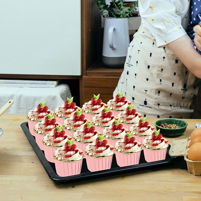 Cupcake Liners for Baking 100Pack,Free-Air 3.5Oz Foil Baking Cups with Dome Lids,Disposable Muffin Tins Muffin Cups for Wedding Birthday Party, with Spoons-Pink in gold
