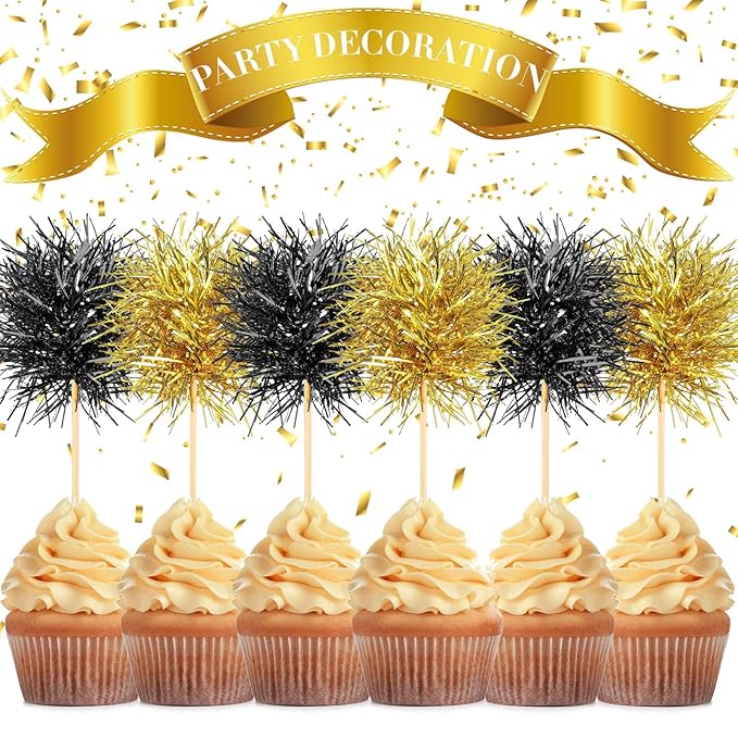 Chinco 100 Pcs Foil Firework Cupcake Toppers Sparkle Tinsel Cake Toppers Cake Decoration Cocktail Fruit Toothpick for Birthday Wedding Graduation Party(Black, Gold)