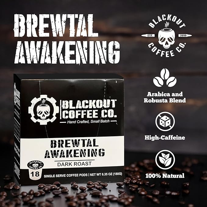 Blackout Coffee Brewtal Awakening Dark Roast Coffee ??HIGH CAFFEINE, Bold & Strong, Fuel Your Mission ??18 Count K-Cup Pods, American Made