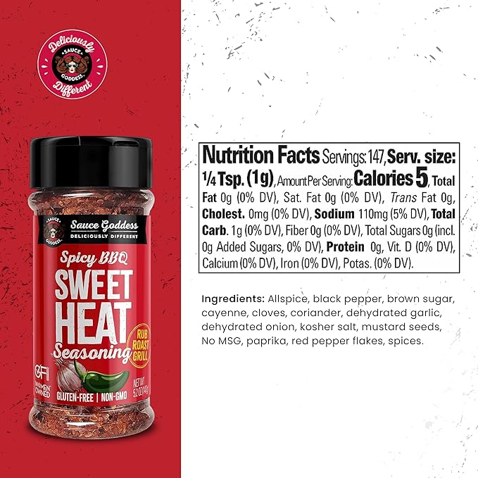 Sauce Goddess - Spicy BBQ Sweet Heat Spice Shaker - Barbeque Rub with Brown Sugar, Garlic, and Sweet Seasonings for Cooking - 5.2 oz