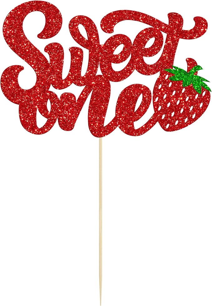 1 Pack Sweet One Cupcake Topper Glitter First Birthday Strawberry Cake Pick for Fruit Baby Shower 1st Birthday Berry Sweet Cake Decorations For Birthday Party Supplies Red