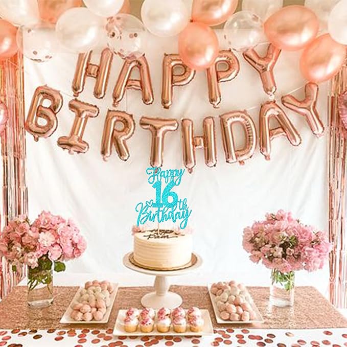 1 PCS Happy 16th Birthday Cake Topper Glitter Cheers to 16 Years Birthday Cake Pick Sixteen Sweet 16 Cake Decoration for Happy 16th Birthday Anniversary Theme Party Decorations Supplies Blue