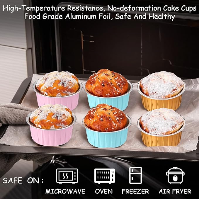 150 Pcs Cupcake Liners with Lids 5 oz Aluminum Foil Cupcake Baking Cups Disposable Ramekins Muffin Cups Mini Aluminum Pans with Lids Holder for Creme Brulee(Gold Silver Pink Blue)
