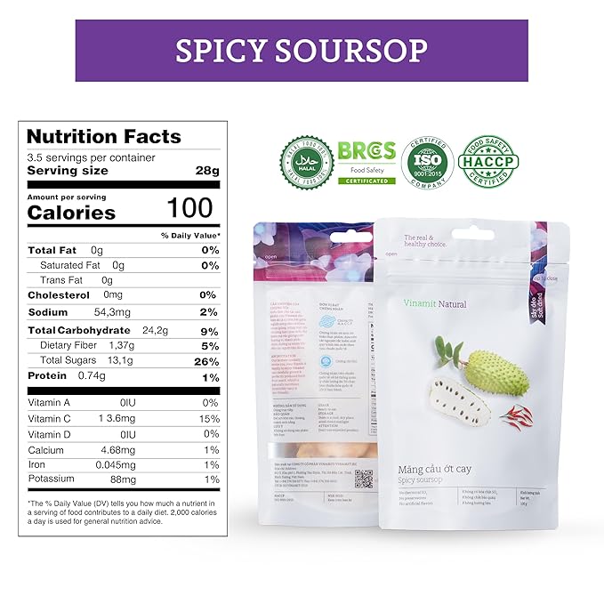 Vinamit Soft Dried Chili Soursop Fruit | 3.5 oz Bag | Tropical Fruit Snack | Vegan, Gluten-Free, Non-GMO | High in Fiber | Ideal for Travel & Healthy Snacking