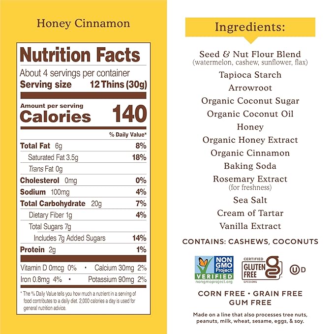 Simple Mills Sweet Thins Cookies, Nut & Seed Flour, Honey & Cinnamon, Gluten Free, Paleo Friendly, Healthy Snacks, 4.25 oz Pack of 6
