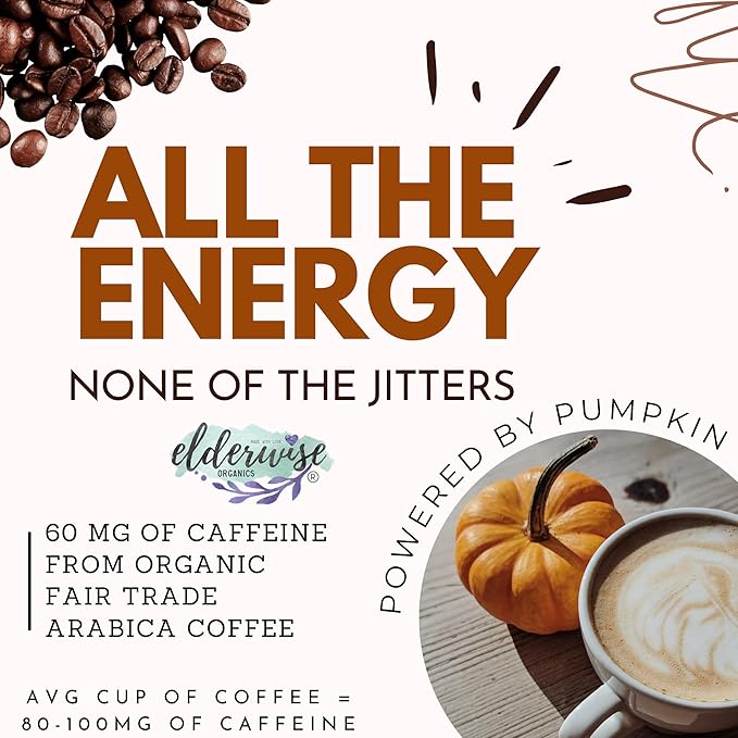 Elderwise Organics Coffee Spiced Latte | Powered by Pumpkin & Mushrooms | Sea Moss, Chaga, Lion's Mane, Reishi | 8 Servings - Freeze Dried Instant - Chemical free - Fair Trade