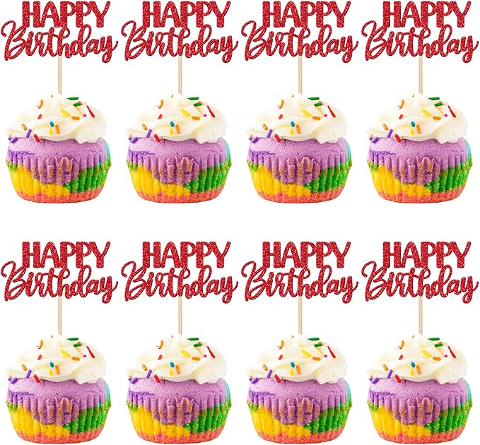 30 PCS Happy Birthday Cupcake Toppers Glitter Happy Birthday Cupcake Picks for Celebrating Birthday Anniversary Theme Party Cake Decorations Supplies Red