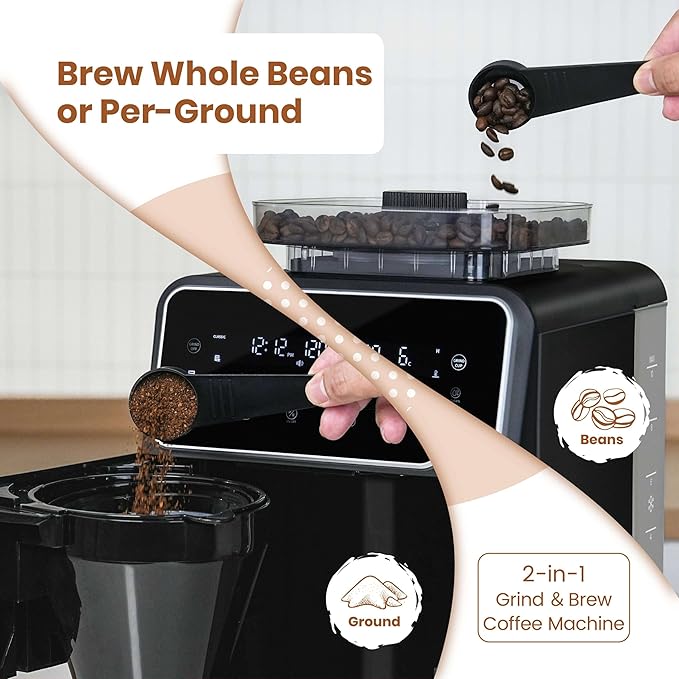 Gevi 10-Cup Grind & Brew Coffee Maker with Built-in Burr Grinder โ Programmable Touch Screen, 4-Hour Keep Warm, Permanent Filter, Drip Coffee Machine for Home & Office