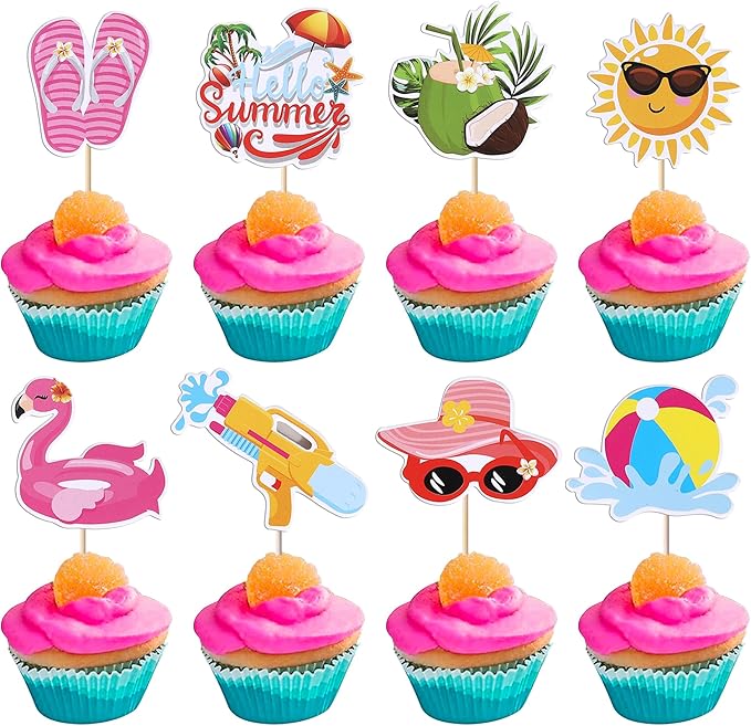 Rsstarxi 32 Pack Summer Beach Cupcake Toppers with Ball Sun Umbrella Water Gun Slippers Cupcake Picks Hello Hawaiian Cake Decorations for Baby Shower Hawaiian Summer Pool Themed Party Decor