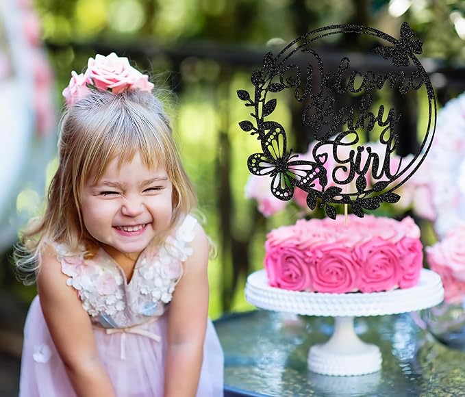 Welcome Baby Girl Cake Topper - Black Glitter Baby Shower Cake Decorations, Baby Girl Cake Decor, for Baby Shower/Birthday Party/Gender Reveal Party Photo Booth Props