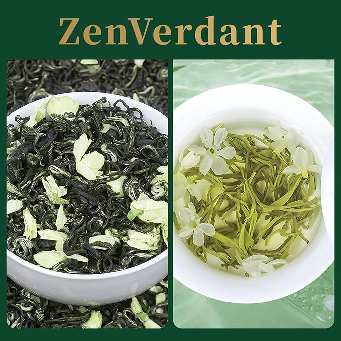 ZenVerdant Premium Jasmine Green Tea Loose Leaf, 12oz | 7x Scented, Low Caffeine, High Antioxidant | Cold Brew Ready, Smooth Taste, Natural Floral Notes