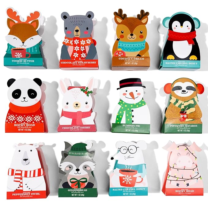 Thoughtfully Gourmet, Hot Chocolate Gift Set in Holiday Character Packaging, Flavors Include Rocky Road, Cookies Butter, Pumpkin Pie & More, Set of 12