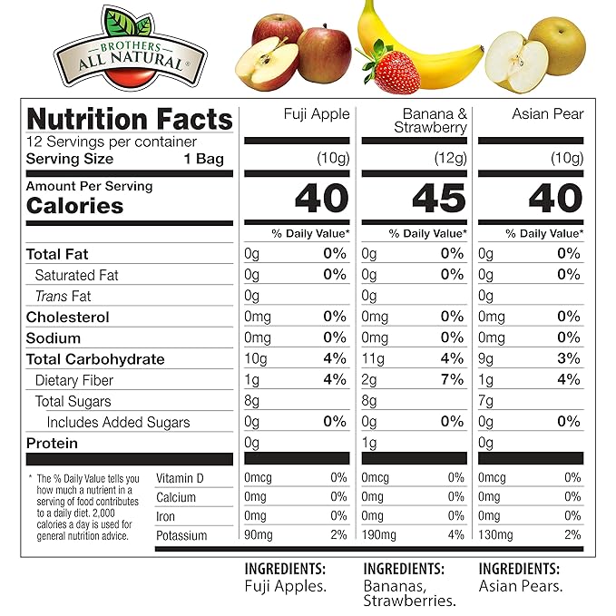 Brothers All Natural Freeze Dried Fruit Crisps, Variety Pack, 24 Single Serve Bags, Fuji Apple, Asian Pear, Banana Strawberry, Made with 100% Fruit, Gluten Free, Soy Free, Vegan, Heathy Snack