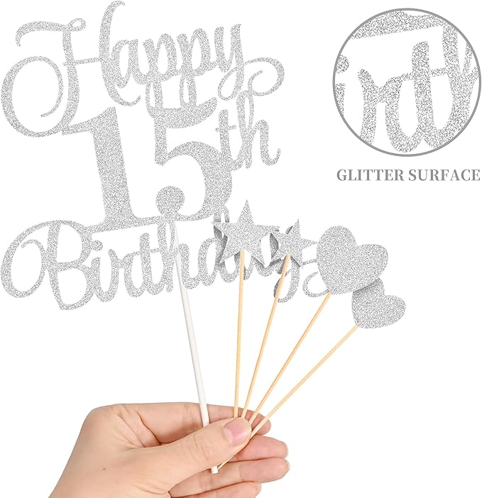 15th Birthday Cake Decorations, 15th Birthday Candles Cake Numeral Candles and Glitter Happy 15th Birthday Cake Toppers Set for Birthday Party Supplies (Silver)