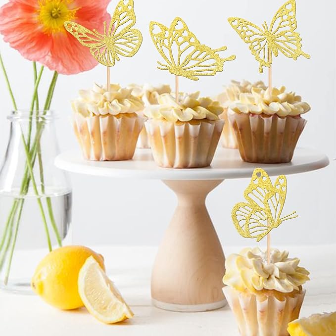 Rsstarxi 24 Pack Butterfly Cupcake Toppers Gold Glitter Assembled Butterfly Baby Shower Cupcake Picks for Wedding Engagement Bridal Shower Kids Birthday Party Cake Decorations Supplies