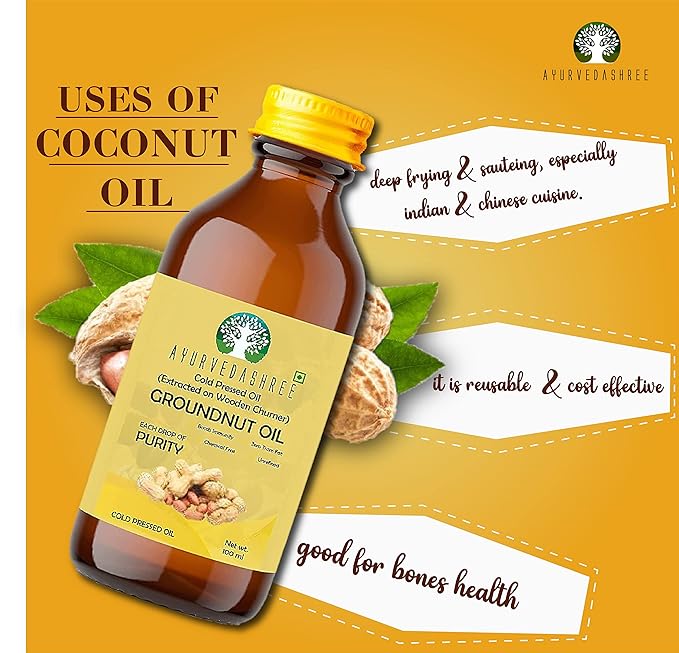 AYUREVDASHREE Cold Pressed Peanut Oil 3.38 fl oz. | Perfect for Deep Frying, High Heat Cooking, Adding to Noodles, Stir-Fries | Wood Pressed Groundnut Oil