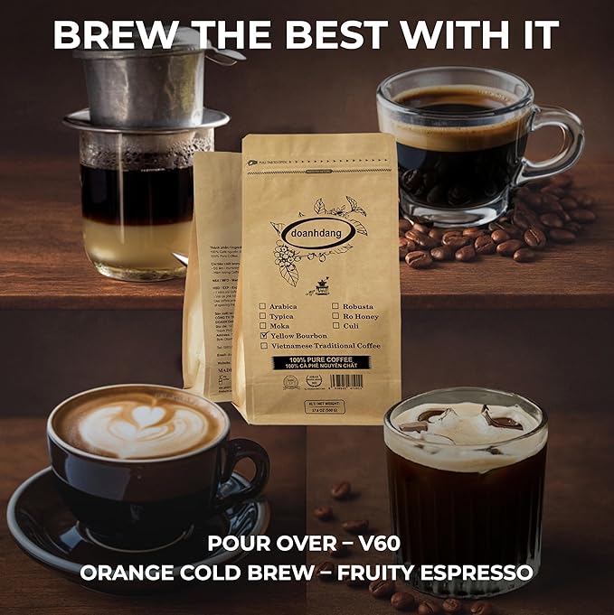 doanhdang - 17 Oz Premium Yellow Bourbon Whole Bean Coffee, 100% Medium Roast, Rich Flavor for Espresso Shot and Brew, Origin from Vietnam, Whole Med Roast Beans, Pack of 1, Phin Filter Included