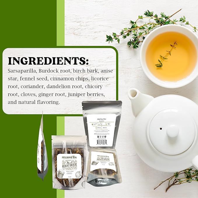 Nelson's Tea A&J's Root Beer - Sarsaparilla Root Herbal Loose Leaf Tea - A Harmonious Blend of Flavorful Ingredients like Sarsaparilla, Burdock Root, Birch Bark (Sample)