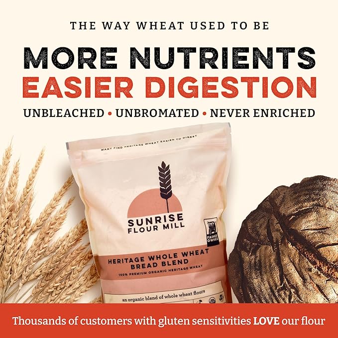 Sunrise Flour Mill Heritage Whole Wheat Bread Blend - 2 lb | USDA Organic All Purpose Flour Unbleached - Non-GMO, Kosher, Glyphosate Free, Ancient Grains, Bread Flour Organic.