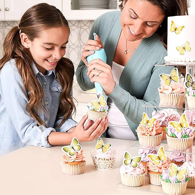 48Pcs Edible Butterfly Cupcake Toppers Double Layer Butterfly Decorations for Women's Happy Birthday Cake Decorations Party Decorations