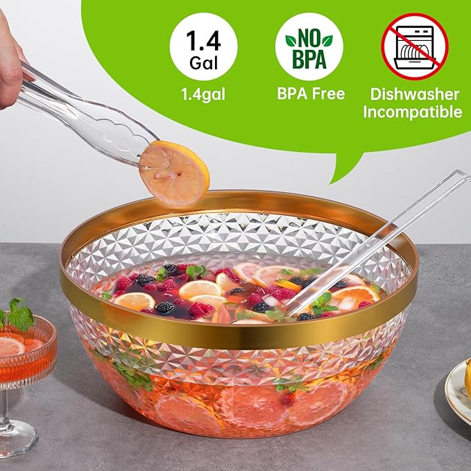 NiHome Plastic Punch Bowl with Ladle and Tong for Parties, Weddings, BBQs, 1.4 Gallon Gold Trim Clear Beverage Serving Bowl Complete Set for Cocktails, Salads, Snacks, Easy to Clean