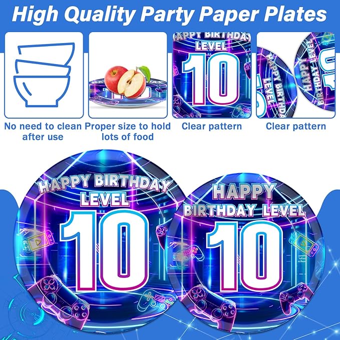 96Pcs 10th Birthday Video Game Plates and Napkins Gamer 10 Years Old Party Decorations Purple and Blue Level 10 Dessert Plates 10th Birthday Tableware for 24 Guests Boys Kids Gaming Party Supplies