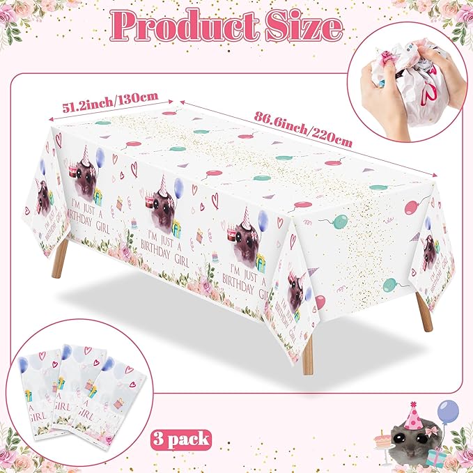 Hamster Party Tablecloths - 3Pcs Cute Hamster Party Table Covers Decorations, Birthday Girl Themed Rectangular Plastic Disposable Table Cloth for Kids Birthday Baby Shower Animals Theme Event Supplies
