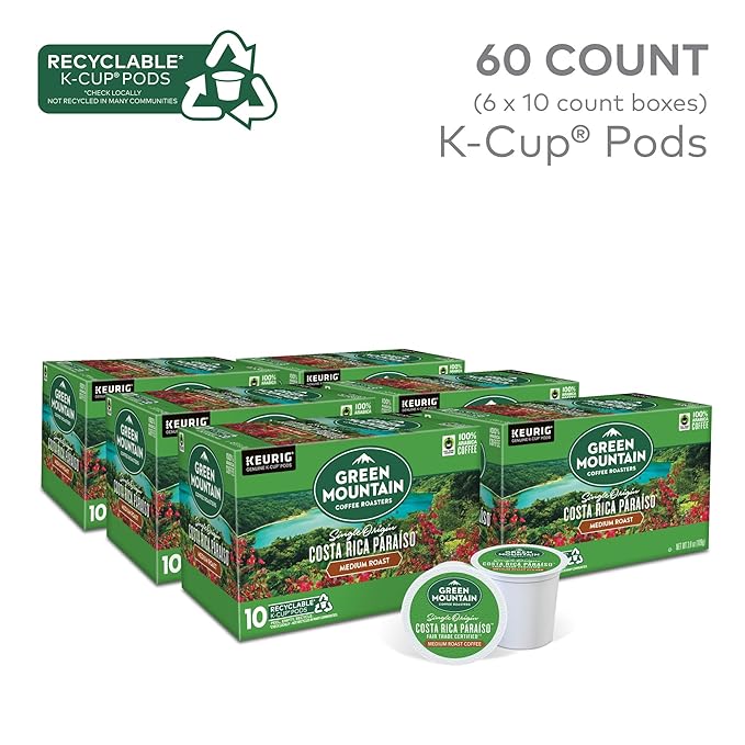 Green Mountain Coffee Roasters Costa Rica Paraiso, Keurig Single Serve K-Cup Pods, Medium Roast Coffee, 60 Count, (6 Packs of 10)