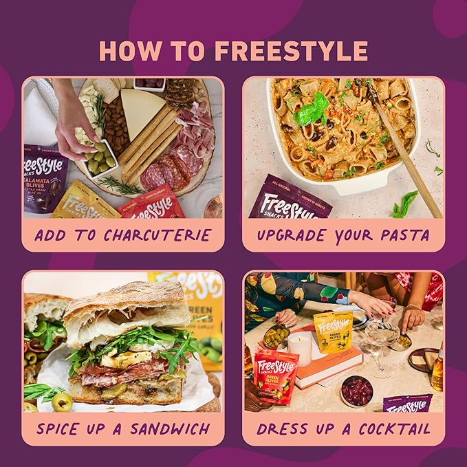 Freestyle Snacks Olive Snack Packs - Bulk Party Pack - Fresh Pitted, Jumbo Kalamata Olives, Grown in Greece, All Natural, Non-GMO, Paleo, Sugar-Free, Keto - Kalamata, 1.1oz Single Serves, 120-Pack